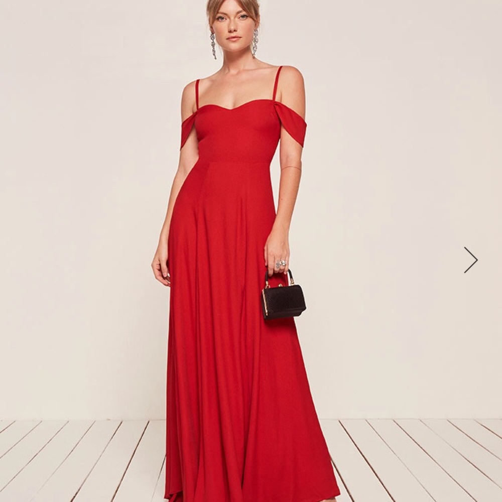 Reformation Long Formal Red Square Neck Dress